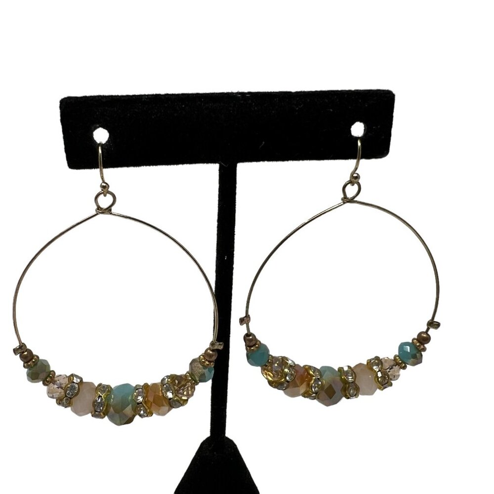 Hoop Earrings Beads Rhinestones Gold Tone Vintage Wire Pierced